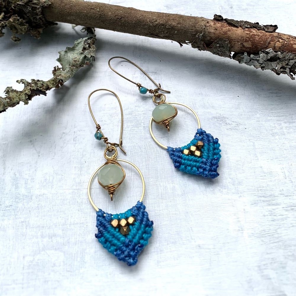 Jade and Blue Woven Brass Earrings